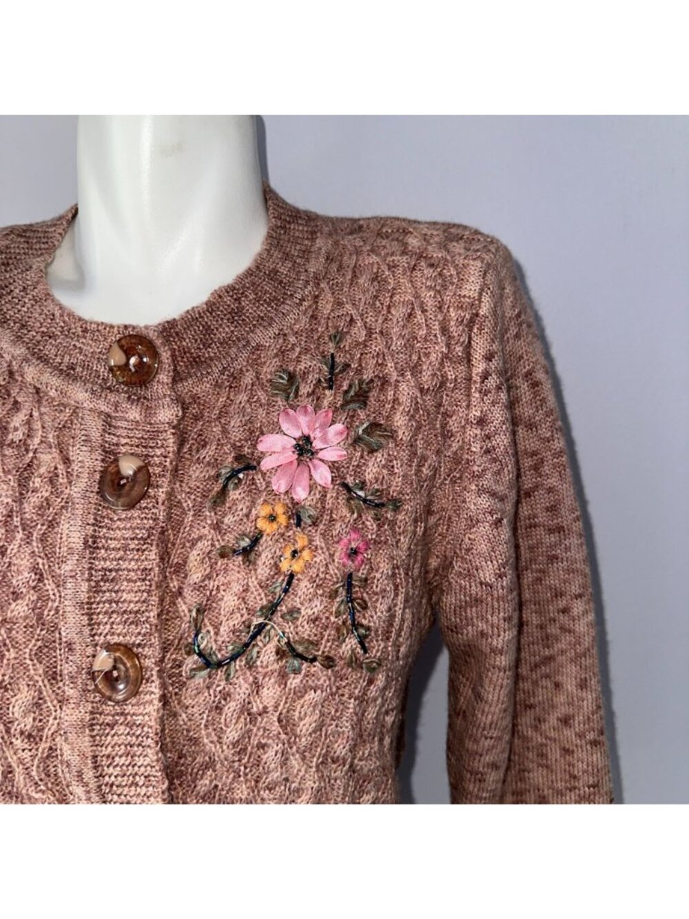 Vintage 90s Brown Floral Beaded Sweater Cottagecore Grandma Chic Knit Cardigan L - Picture 6 of 7
